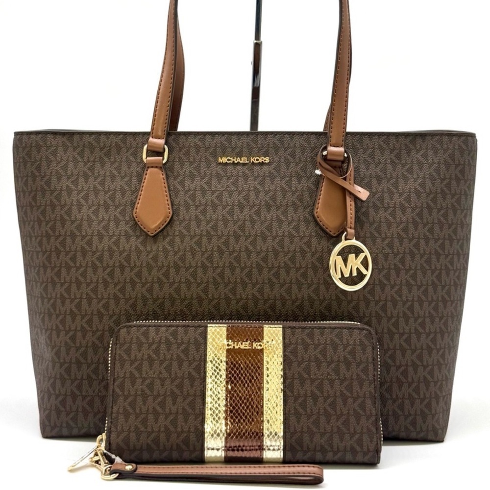 Michael Kors Sheila Large Logo Tote Bag & Matching Continental Wallet Brown
